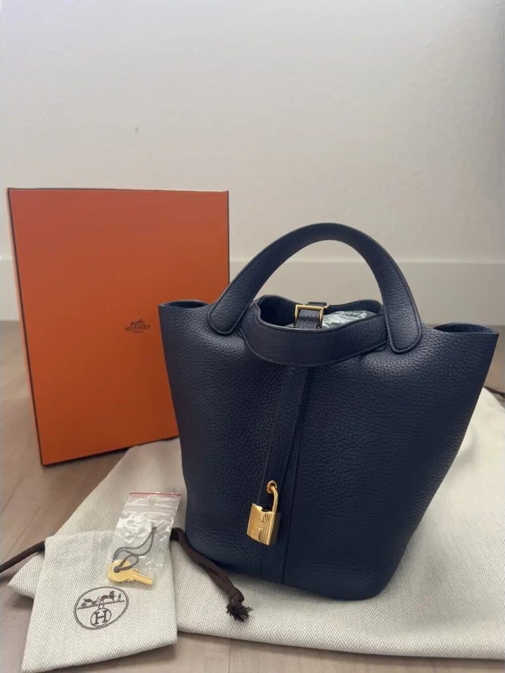 HERMÈS Picotin Lock Tote PM 18 Bleu Nuit Clemence Leather with Gold Hardware
